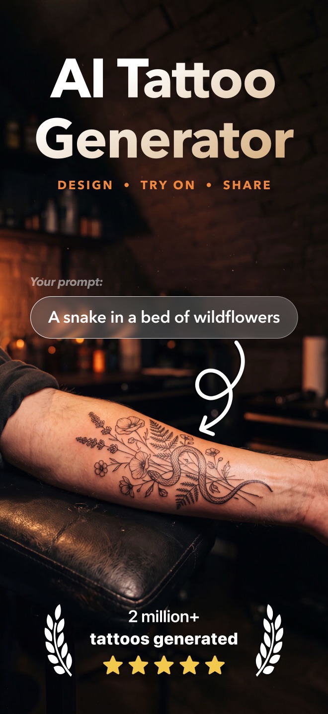 AI tattoo generator: the prompt “A snake in a bed of wildflowers” rendered as fine-line ink on a forearm