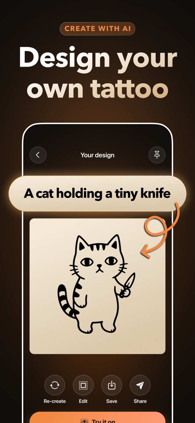 Design your own tattoo: the Inksmith design screen showing a cat drawn from the prompt “A cat holding a tiny knife”