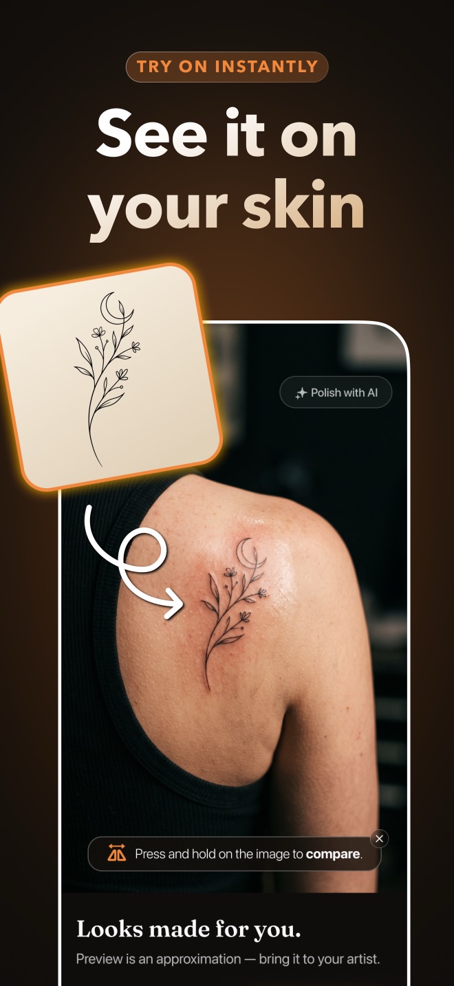 See it on your skin: a fine-line floral design previewed on a photo of a shoulder